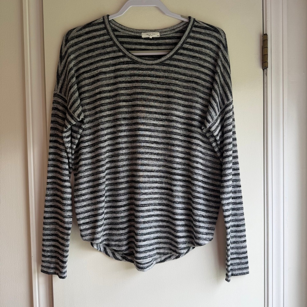 Rag & Bone Striped Long Sleeve Crew Neck Top Grey Black Curved Hem M